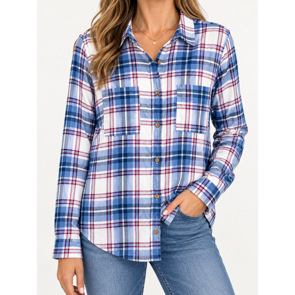 C&C California Plaid Button Down Shirt Blue White XL Rayon Blend Long Sleeve